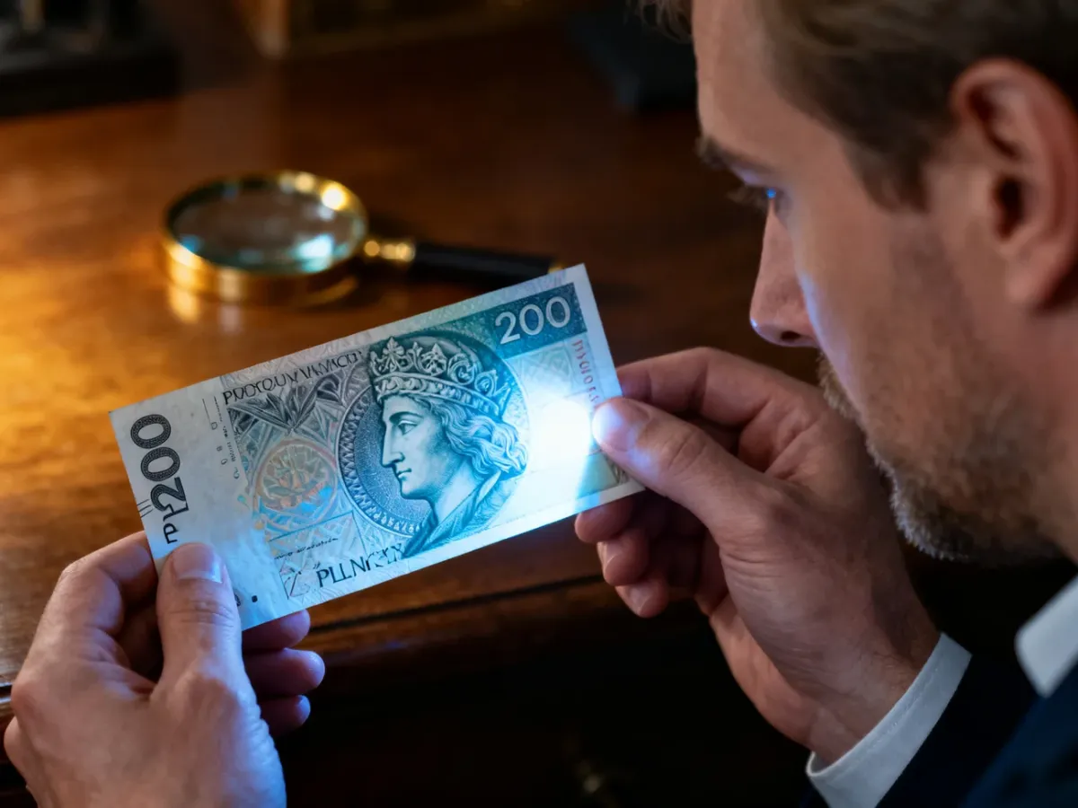 Mężczyzna sprawdza autentyczność banknotu 200 zł, podświetlając go w celu weryfikacji znaku wodnego.