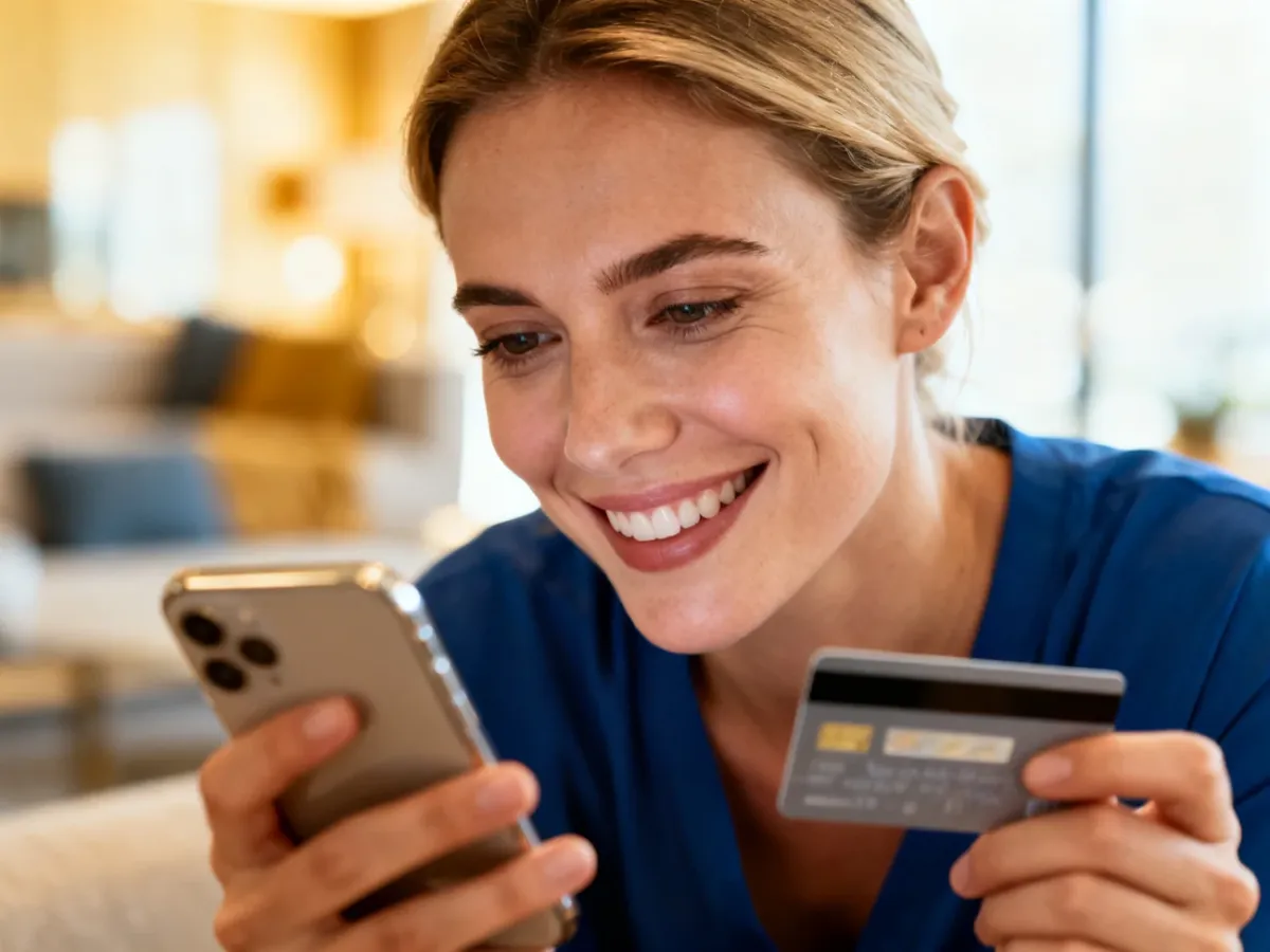Uśmiechnięta kobieta trzymająca smartfon i kartę płatniczą, symbolizująca wygodne i szybkie zarządzanie finansami online.