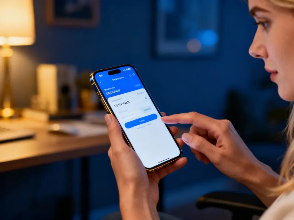 Kobieta zatwierdzająca transakcję cyfrową na smartfonie w przytulnym domowym biurze.