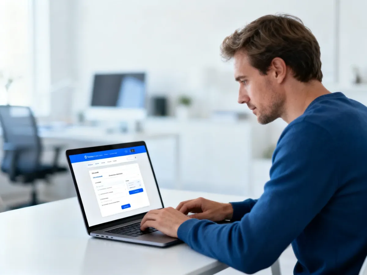 Mężczyzna przy laptopie w nowoczesnym biurze domowym, korzystający z portalu internetowego.