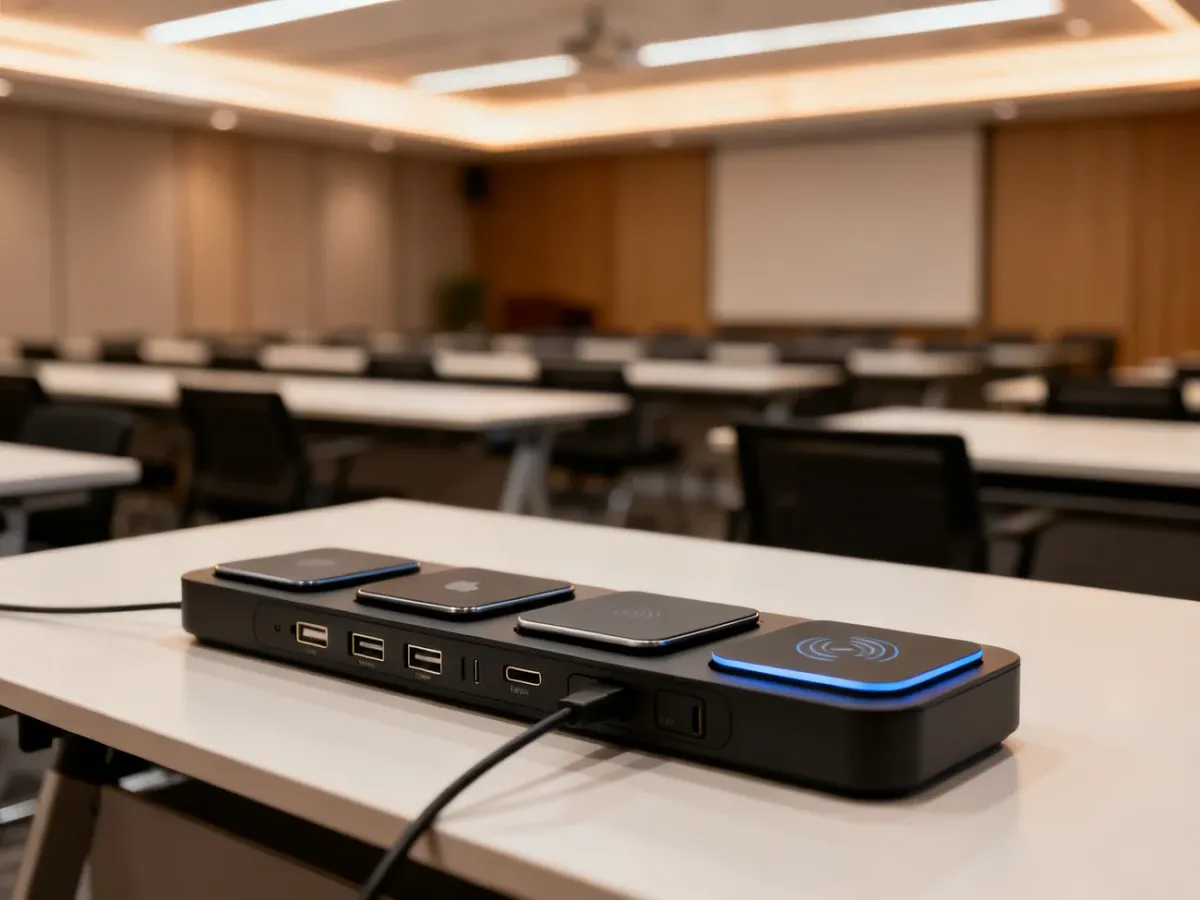 Nowoczesna stacja ładowania z portami USB-C i ładowarkami indukcyjnymi na stole w sali konferencyjnej.
