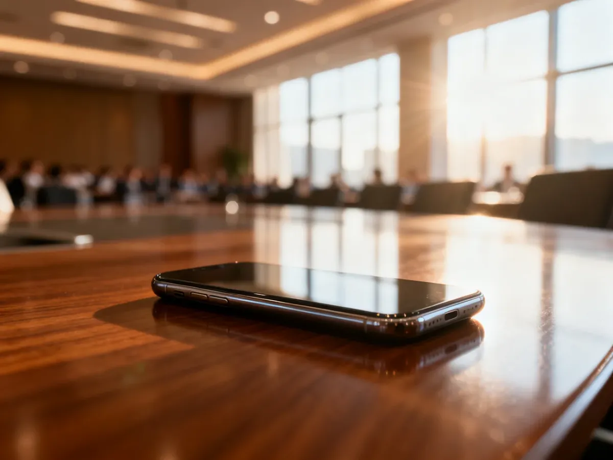 Nowoczesny smartfon na drewnianym stole konferencyjnym w jasnej sali, symbolizujący gotowość do nawiązywania kontaktów.
