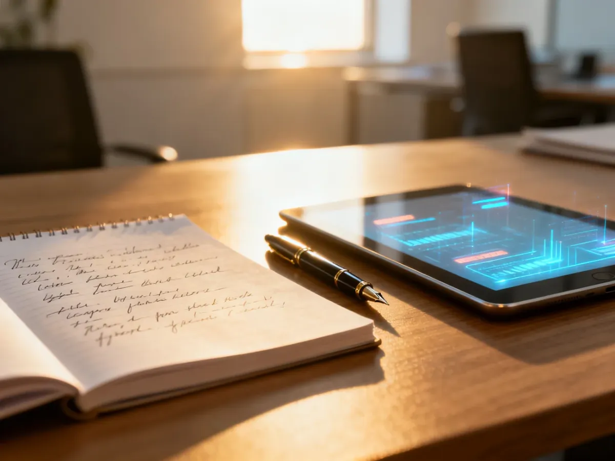Minimalistyczne biurko z notatnikiem i tabletem, symbolizujące efektywne wdrażanie wiedzy z konferencji w pracę zawodową.