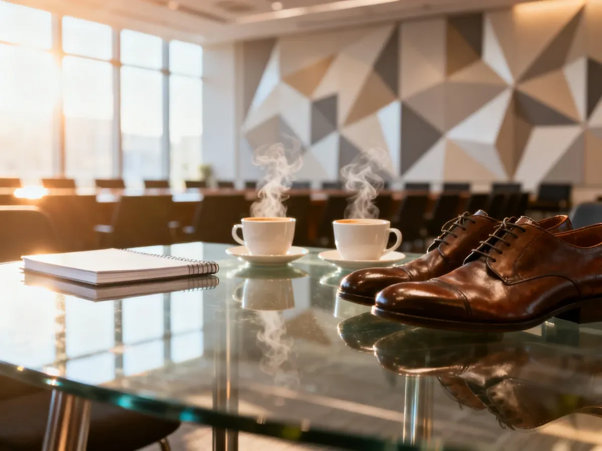 Nowoczesna strefa networkingowa na konferencji biznesowej z kawą i notatnikiem, sprzyjająca nawiązywaniu kontaktów.
