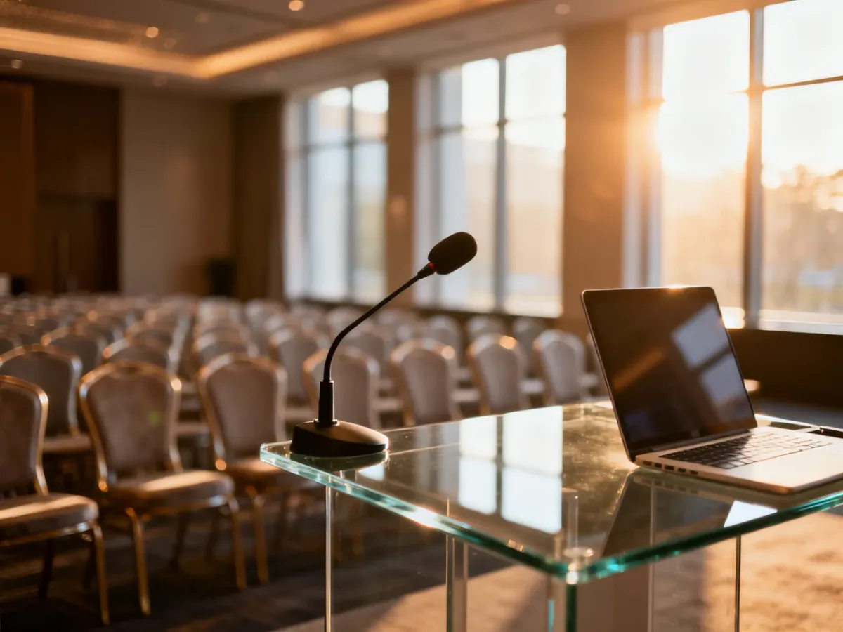 Nowoczesna sala konferencyjna z mównicą i rzędami krzeseł, przygotowana na profesjonalne wydarzenie biznesowe.