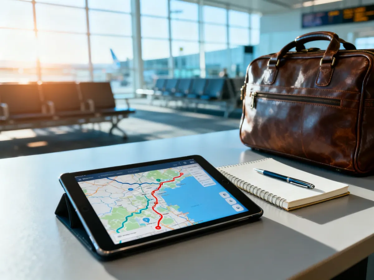 Tablet z mapą trasy, notatnik i torba podróżna na tle lotniska, symbolizujące przygotowanie do wyjazdu na konferencję.