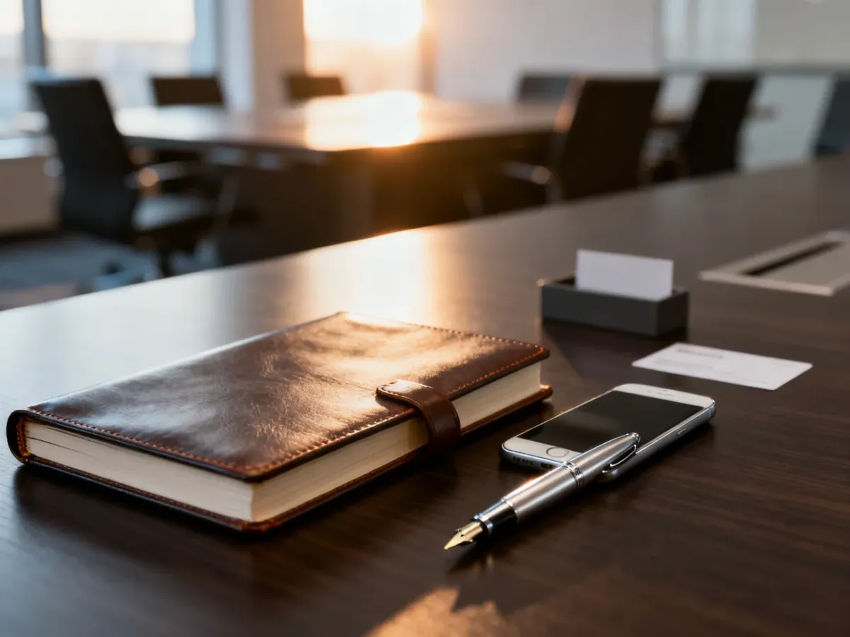 Zestaw profesjonalnych akcesoriów biznesowych na biurku, przygotowany z myślą o uczestniku konferencji.