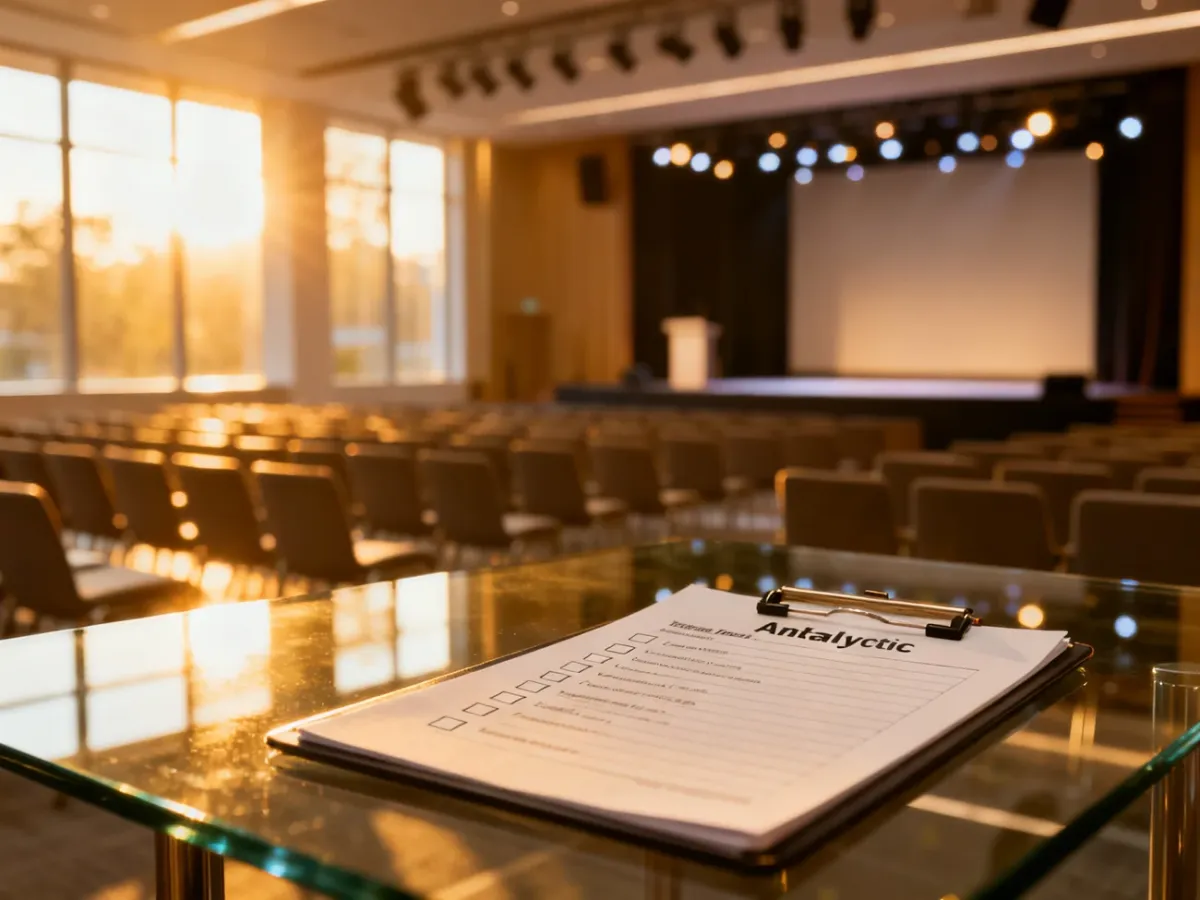 Lista kontrolna na stole w sali konferencyjnej, symbolizująca profesjonalną ocenę wartości wydarzenia biznesowego.