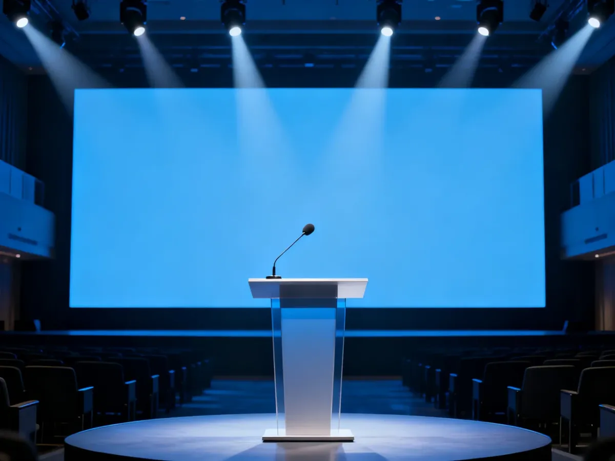 Nowoczesna scena konferencyjna z mikrofonem i ekranem, przygotowana na profesjonalne wystąpienie dla ekspertów.