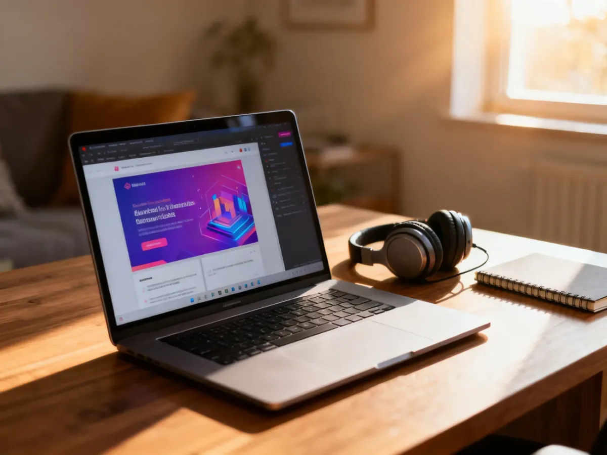 Nowoczesne stanowisko pracy z laptopem, słuchawkami i notatnikiem, przygotowane do prowadzenia webinaru lub konferencji online.