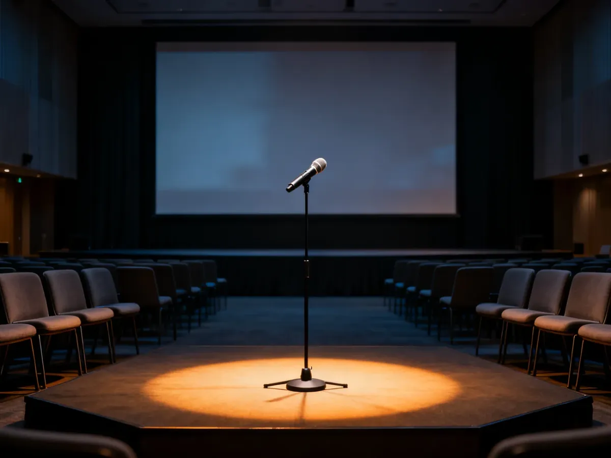 Pusta sala konferencyjna z mikrofonem na scenie, przygotowana do wystąpienia publicznego w profesjonalnym oświetleniu.