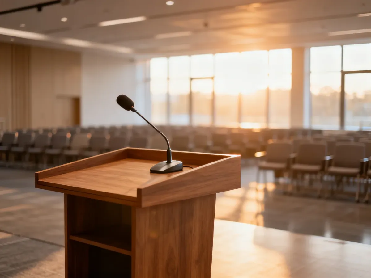 Nowoczesna mównica w jasnej sali konferencyjnej, przygotowana na profesjonalne wydarzenie biznesowe.