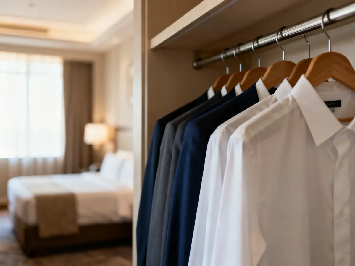 Elegancko uporządkowana garderoba z biznesowymi garniturami i koszulami w hotelowym wnętrzu, gotowa na konferencję.