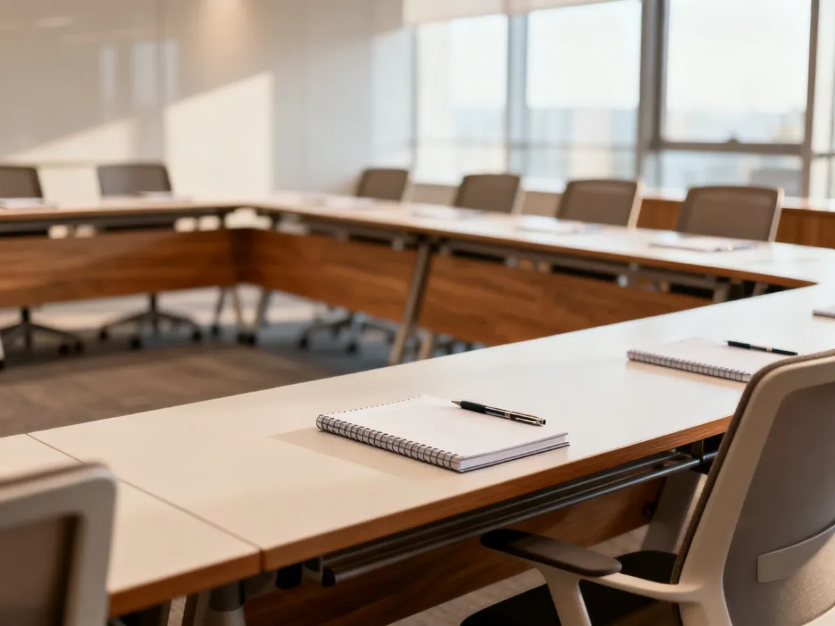 Sala konferencyjna z ustawieniem stołów w kształcie litery U, przygotowana do prowadzenia warsztatów.