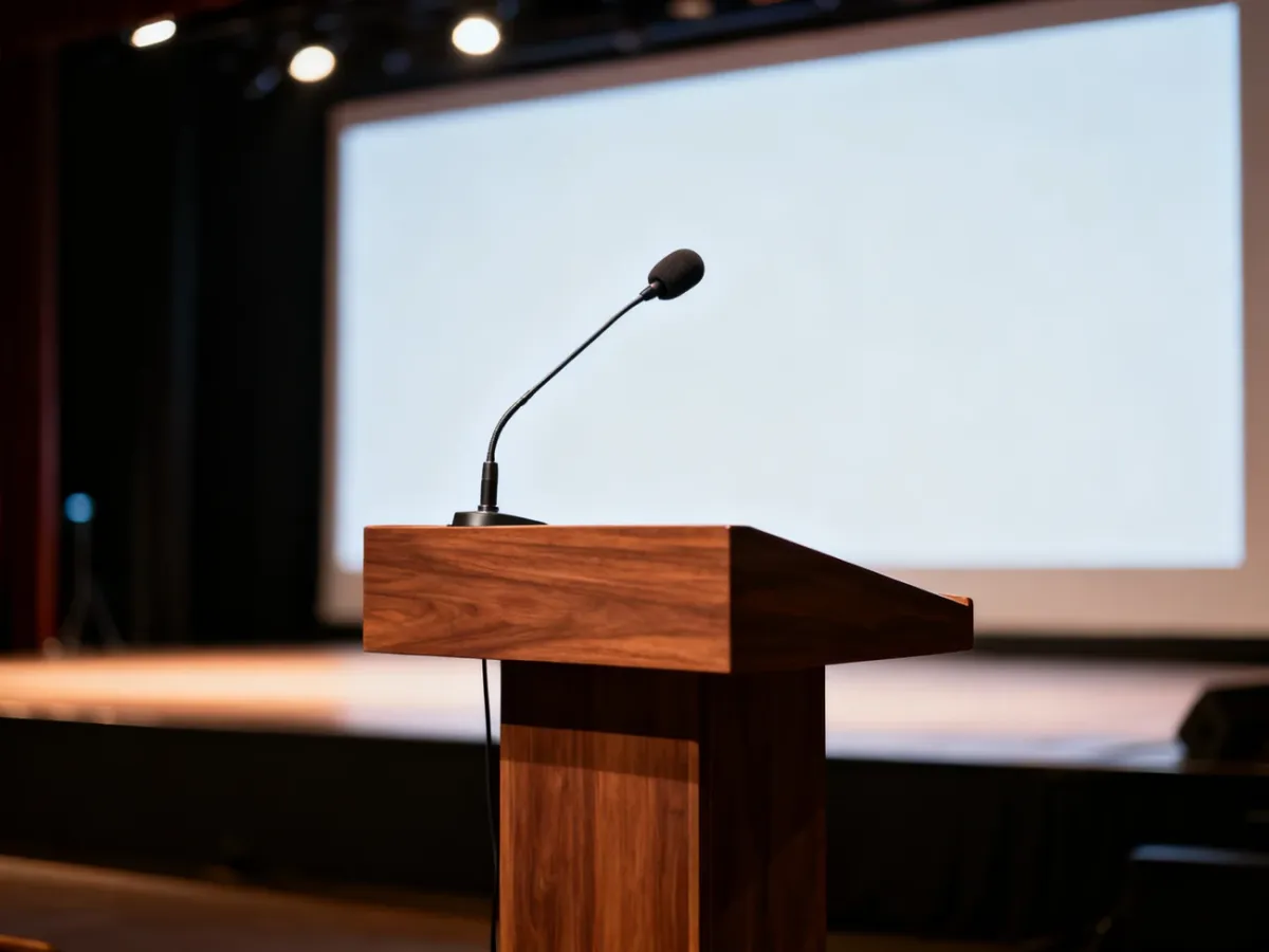 Nowoczesna sala konferencyjna z pustą mównicą i mikrofonem, przygotowana do prowadzenia sesji pytań i odpowiedzi.