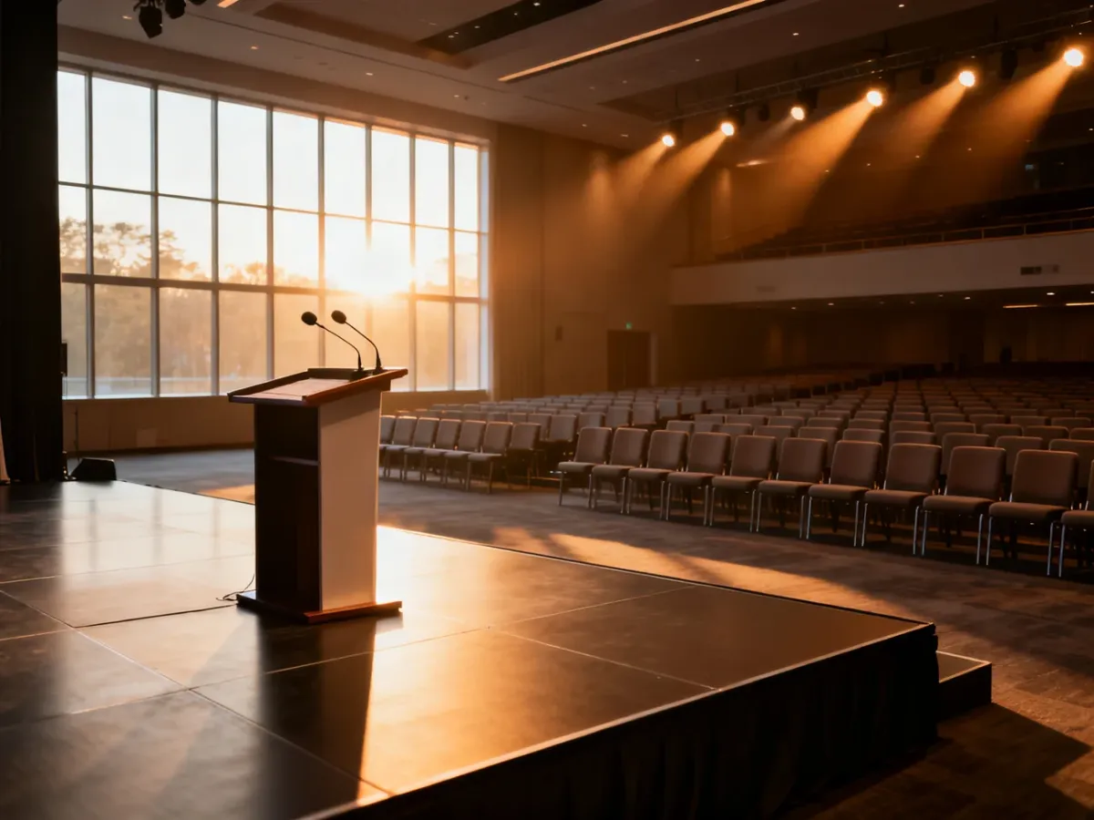 Nowoczesna sala konferencyjna z pustą sceną i rzędami krzeseł, przygotowana na rozpoczęcie wydarzenia.
