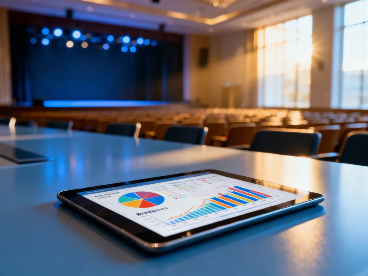 Nowoczesny stół konferencyjny z tabletem wyświetlającym wykresy finansowe w tle sali wykładowej.
