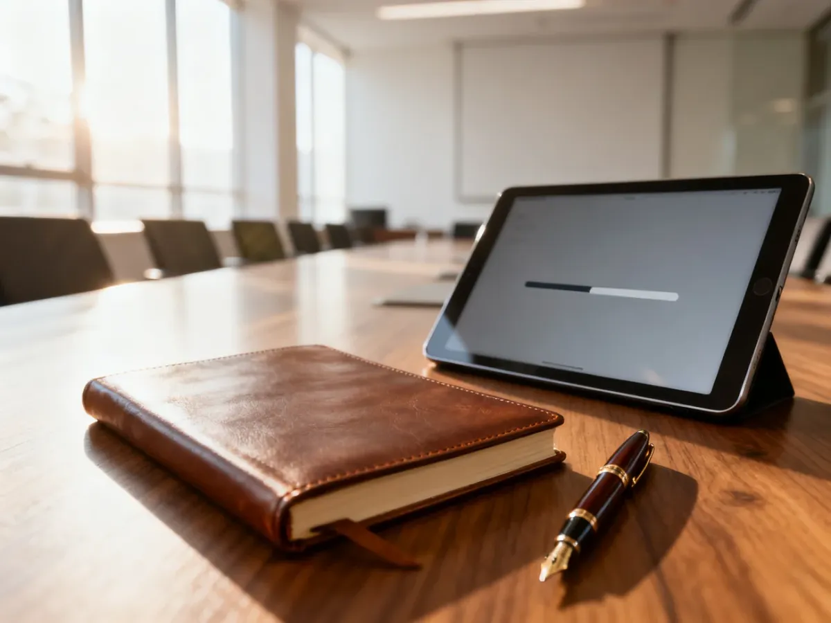 Eleganckie stanowisko pracy z notatnikiem i tabletem w jasnej sali konferencyjnej, symbolizujące efektywne planowanie warsztatów.