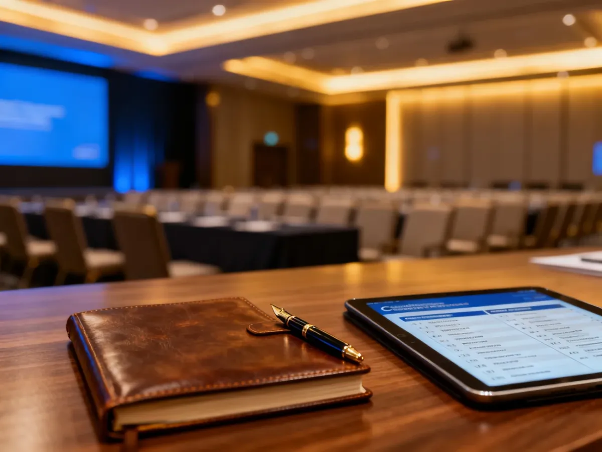 Eleganckie biurko z notatnikiem i tabletem z harmonogramem konferencji na tle nowoczesnej sali wykładowej.