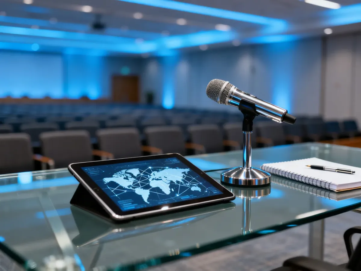 Nowoczesna sala konferencyjna z tabletem i mikrofonem, przygotowana do międzynarodowego wydarzenia biznesowego.