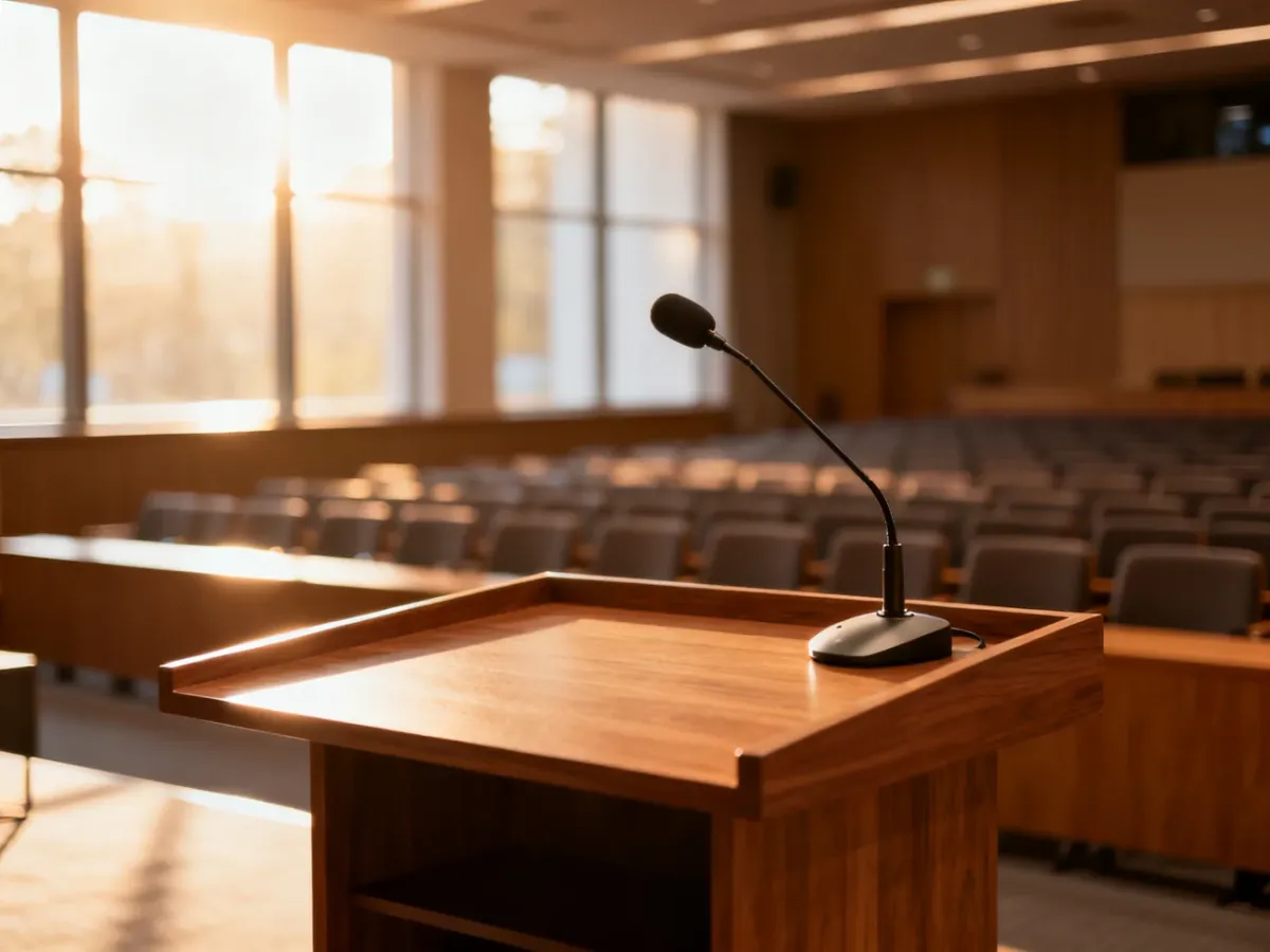 Nowoczesna mównica z mikrofonem w pustej sali konferencyjnej, przygotowanej na rozpoczęcie wydarzenia.