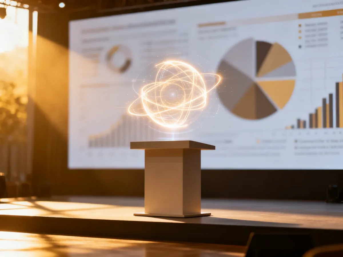 Nowoczesna scena konferencyjna z hologramem symbolizującym innowacje i ekranem z danymi w tle.