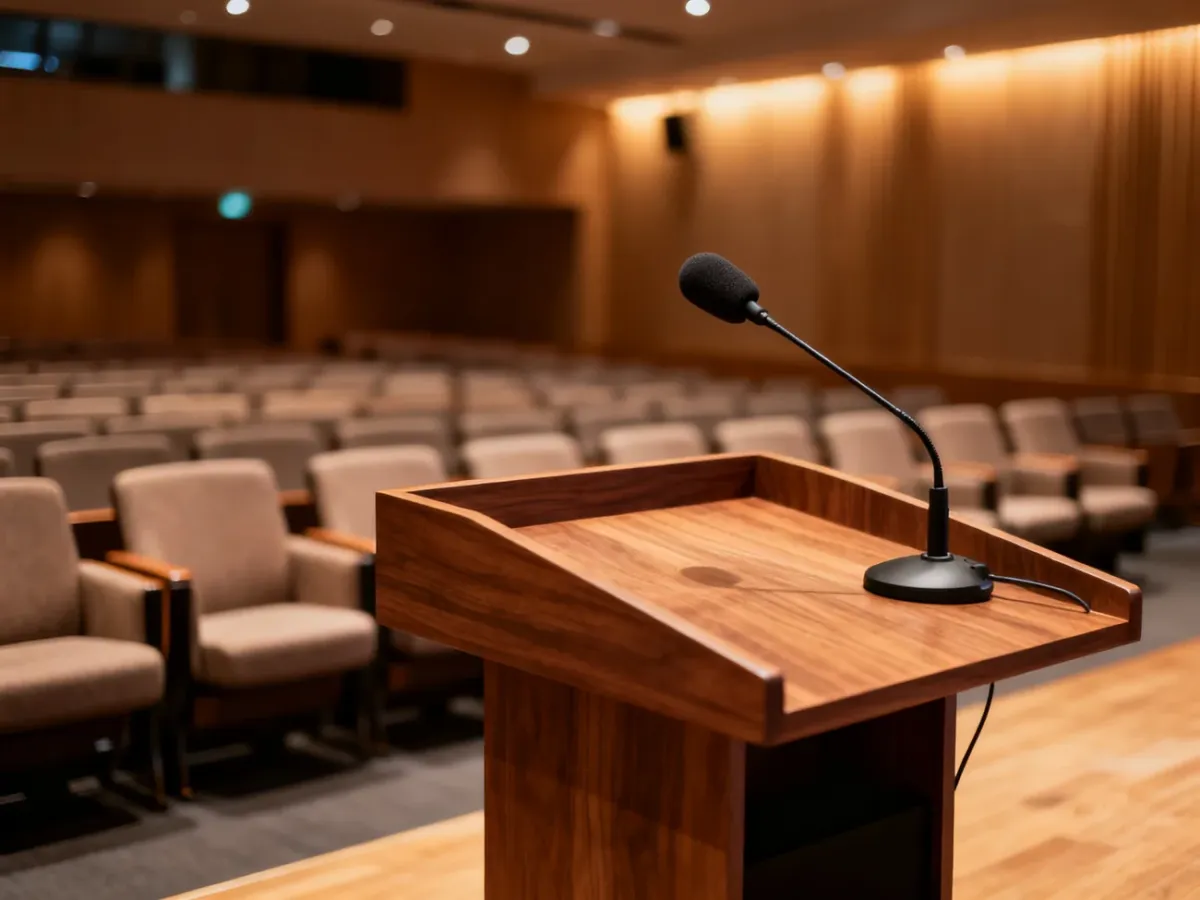 Profesjonalnie przygotowana scena konferencyjna z mównicą i miejscami dla panelistów, gotowa na rozpoczęcie dyskusji.