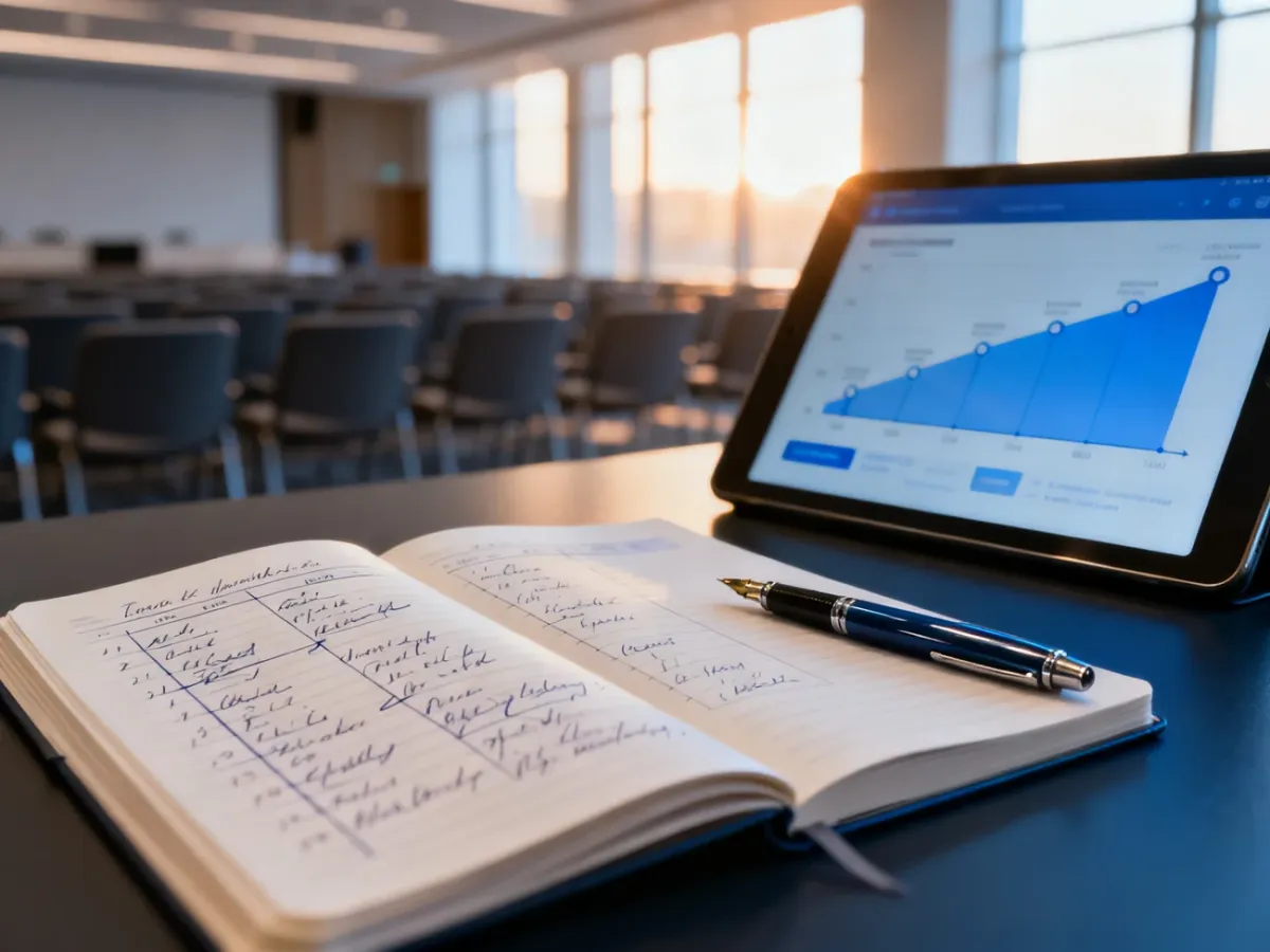 Notatnik z harmonogramem, pióro i tablet na tle nowoczesnej sali konferencyjnej, ilustrujące planowanie wydarzenia.
