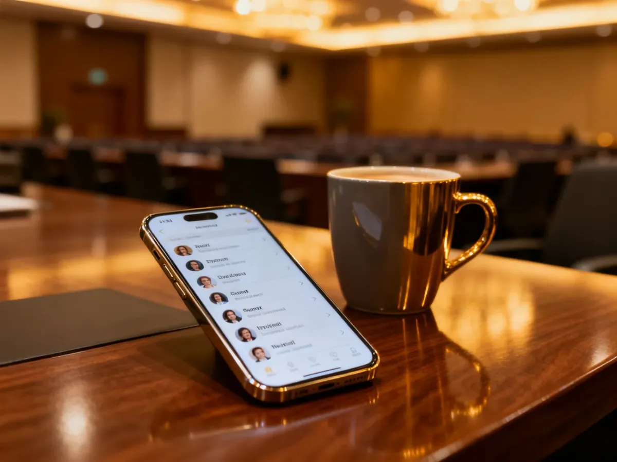 Smartfon z listą kontaktów na biurku w biurze, symbolizujący budowanie relacji biznesowych po konferencji.