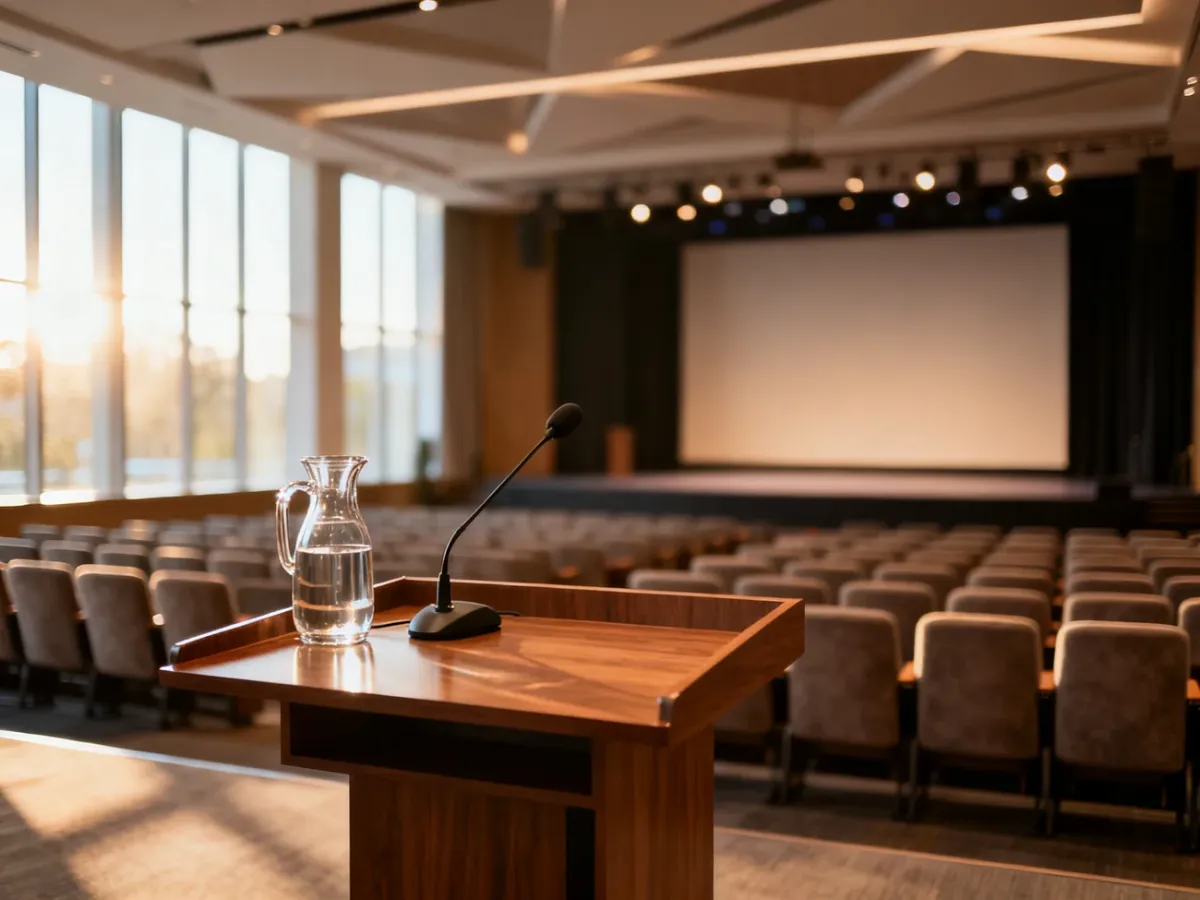 Nowoczesna sala konferencyjna z mównicą i rzędami krzeseł, przygotowana na profesjonalne wydarzenie biznesowe.