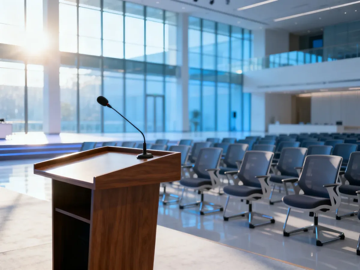 Nowoczesna sala konferencyjna z mównicą i rzędami krzeseł, gotowa na przyjęcie uczestników wydarzenia branżowego.