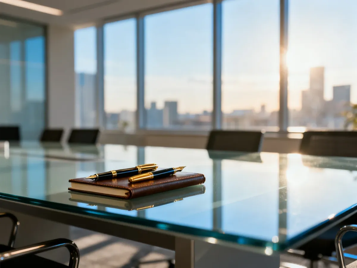 Nowoczesny stół konferencyjny z notatnikiem i piórami w jasnym, profesjonalnym biurze, symbolizujący przygotowanie do rozmów biznesowych.