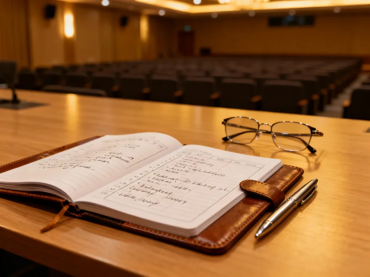 Eleganckie biurko z notatnikiem i harmonogramem konferencji na tle sali wykładowej, symbolizujące profesjonalne planowanie.
