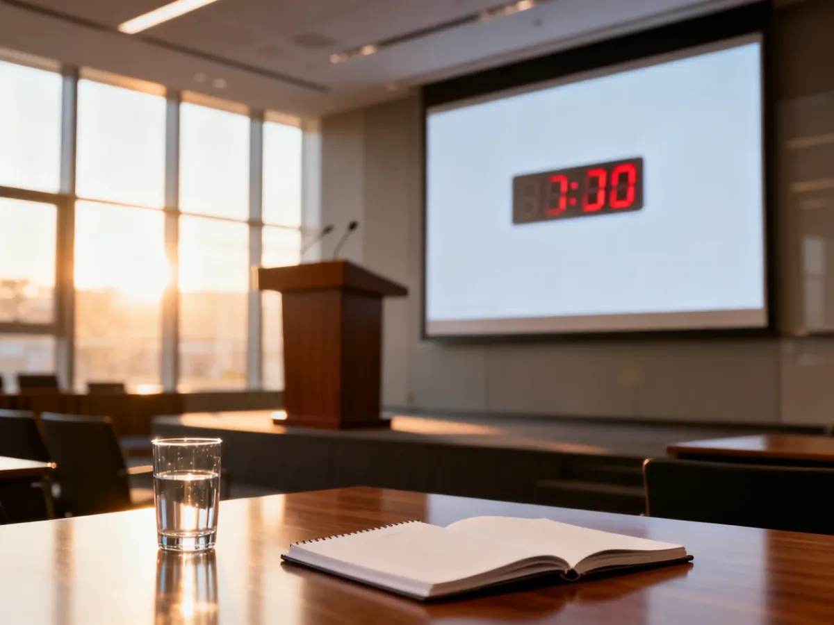 Profesjonalna mównica z zegarem odmierzającym czas w nowoczesnej sali konferencyjnej, gotowa do prowadzenia prezentacji.