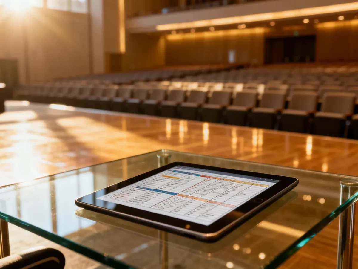 Nowoczesna sala konferencyjna z tabletem wyświetlającym harmonogram sesji, gotowa na przyjęcie uczestników wydarzenia.