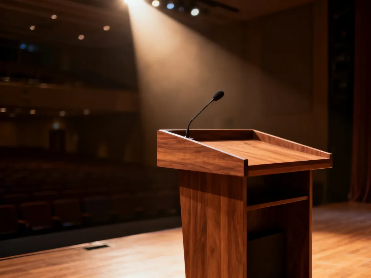 Nowoczesna drewniana mównica na oświetlonej scenie konferencyjnej, gotowa na wystąpienie typu keynote.