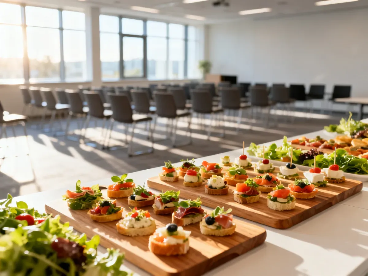 Elegancki catering konferencyjny z przekąskami na drewnianych deskach w jasnej, profesjonalnej sali.