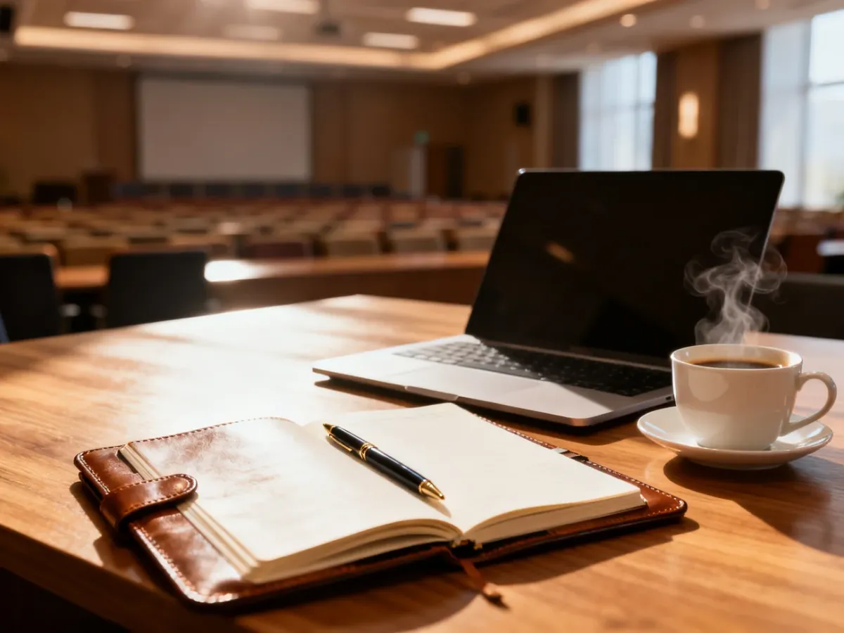 Otwarte biurko z planerem, laptopem i kawą na tle rozmytej sali konferencyjnej, symbolizujące przygotowania do wydarzenia.