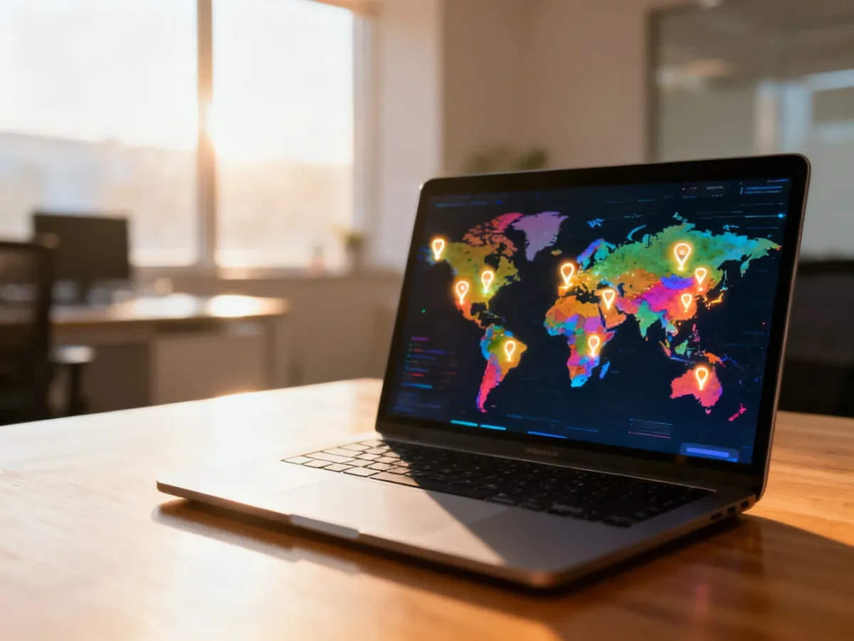 Otwarty laptop z mapą świata i zaznaczonymi lokalizacjami na tle jasnego biura, symbolizujący poszukiwanie konferencji.
