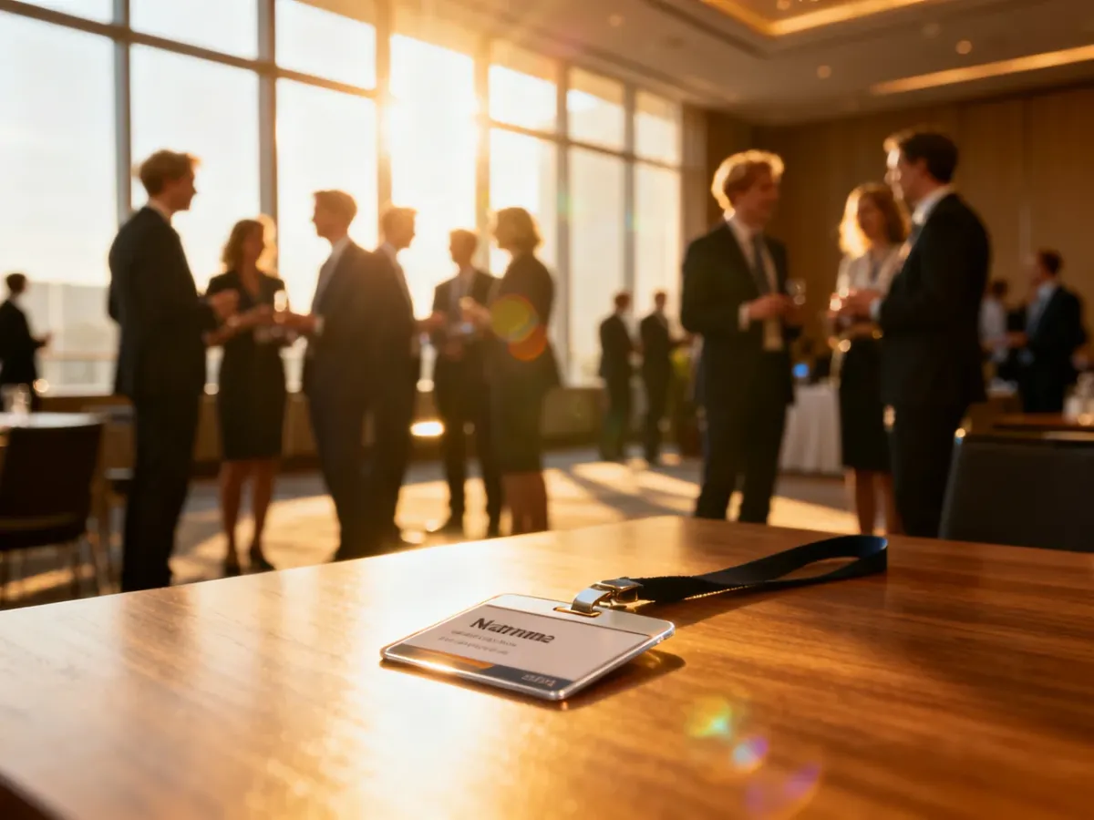 Identyfikator biznesowy na stole w tle z uczestnikami konferencji nawiązującymi relacje zawodowe.