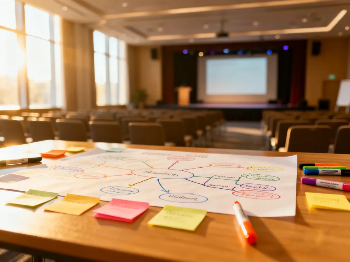Stół z materiałami do warsztatów na tle pustej sali konferencyjnej, ilustrujący różnicę między wykładem a pracą grupową.