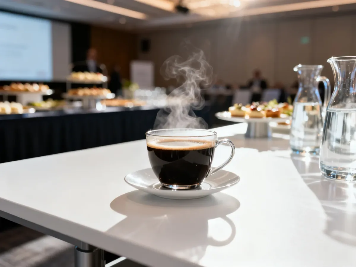 Parująca filiżanka czarnej kawy na tle eleganckiego cateringu podczas przerwy kawowej na konferencji.