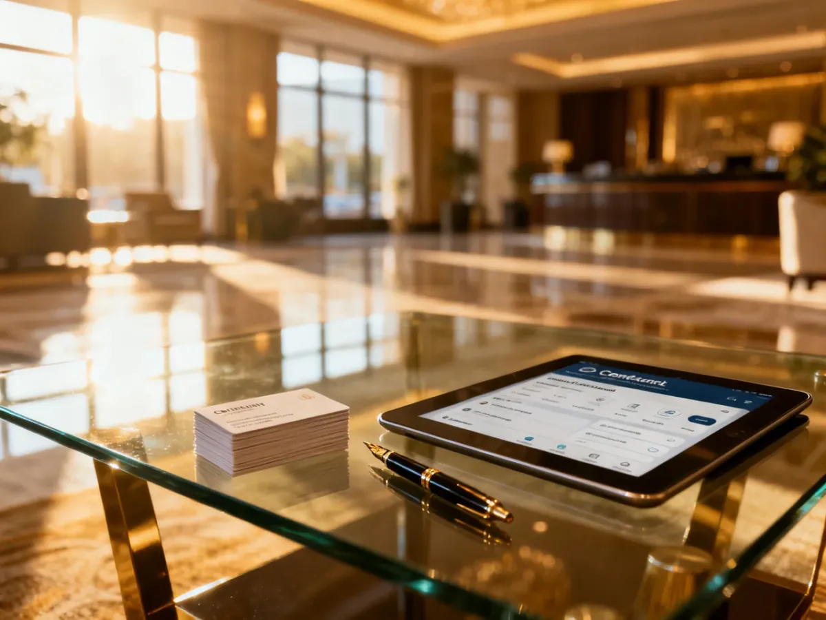 Wizytówki, pióro i tablet z aplikacją do zarządzania kontaktami na tle hotelowego lobby, symbolizujące networking biznesowy.