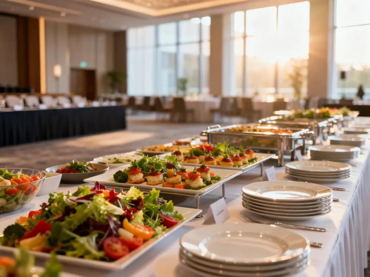 Elegancki bufet z przekąskami w jasnej sali konferencyjnej, zachęcający uczestników do przerwy na lunch.