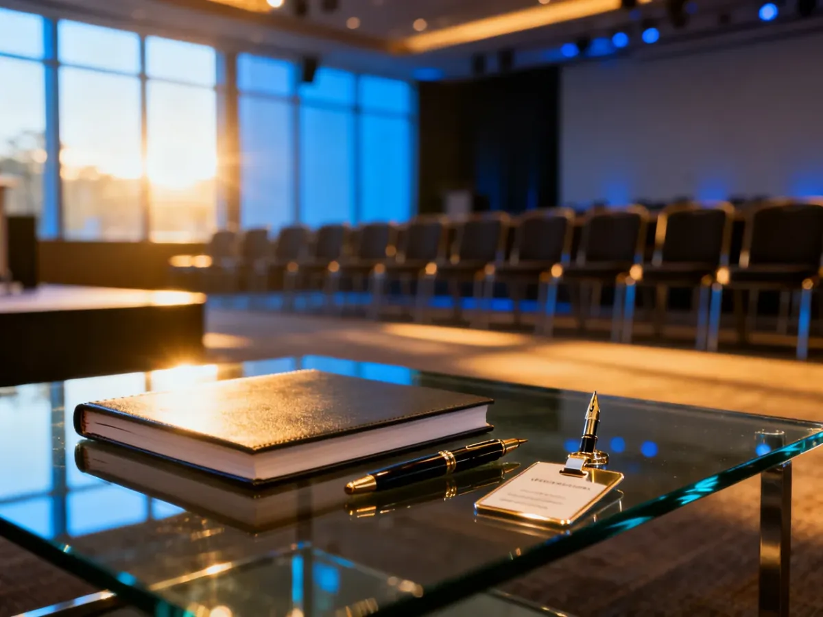 Elegancki stół konferencyjny z notatnikiem i identyfikatorem na tle profesjonalnej sali wykładowej w porannym świetle.