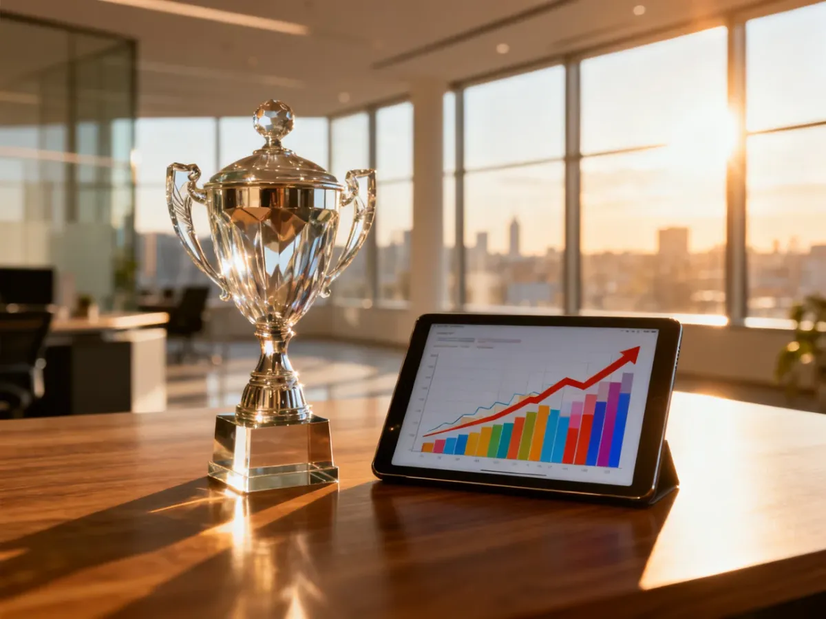 Szklane trofeum i tablet z wykresami wzrostu na biurku, symbolizujące sukces i efektywność warsztatów biznesowych.