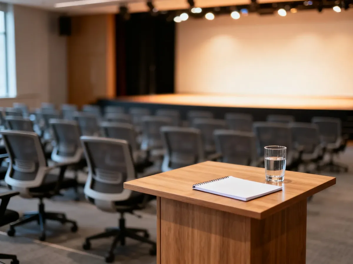 Nowoczesna sala konferencyjna z mównicą przygotowaną na wystąpienie podczas profesjonalnego wydarzenia biznesowego.