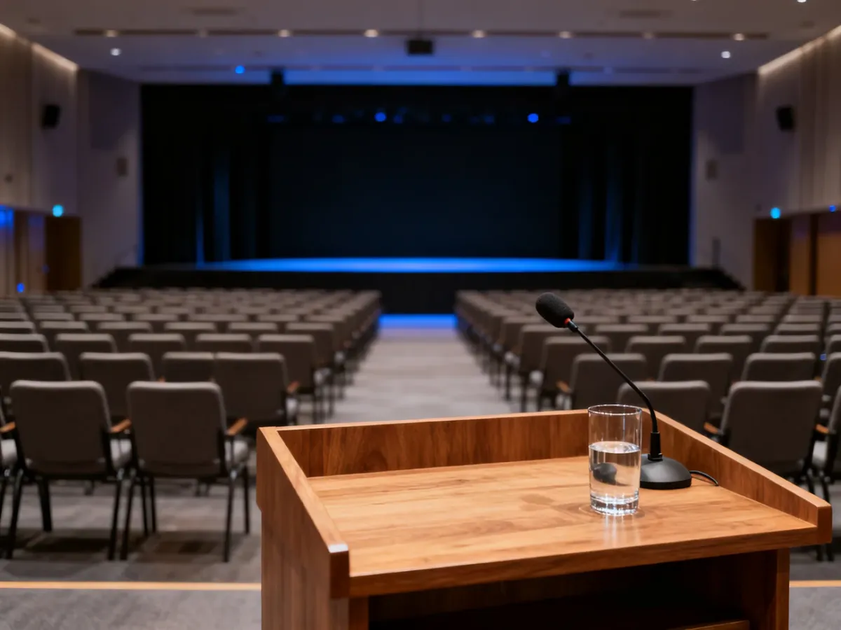 Pusta sala konferencyjna z mównicą i rzędami krzeseł, przygotowana na rozpoczęcie wydarzenia.