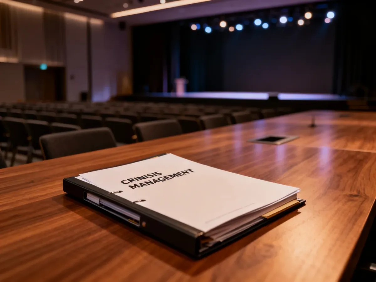 Teczka z planem awaryjnym leżąca na stole w nowoczesnej, wygaszonej sali konferencyjnej.