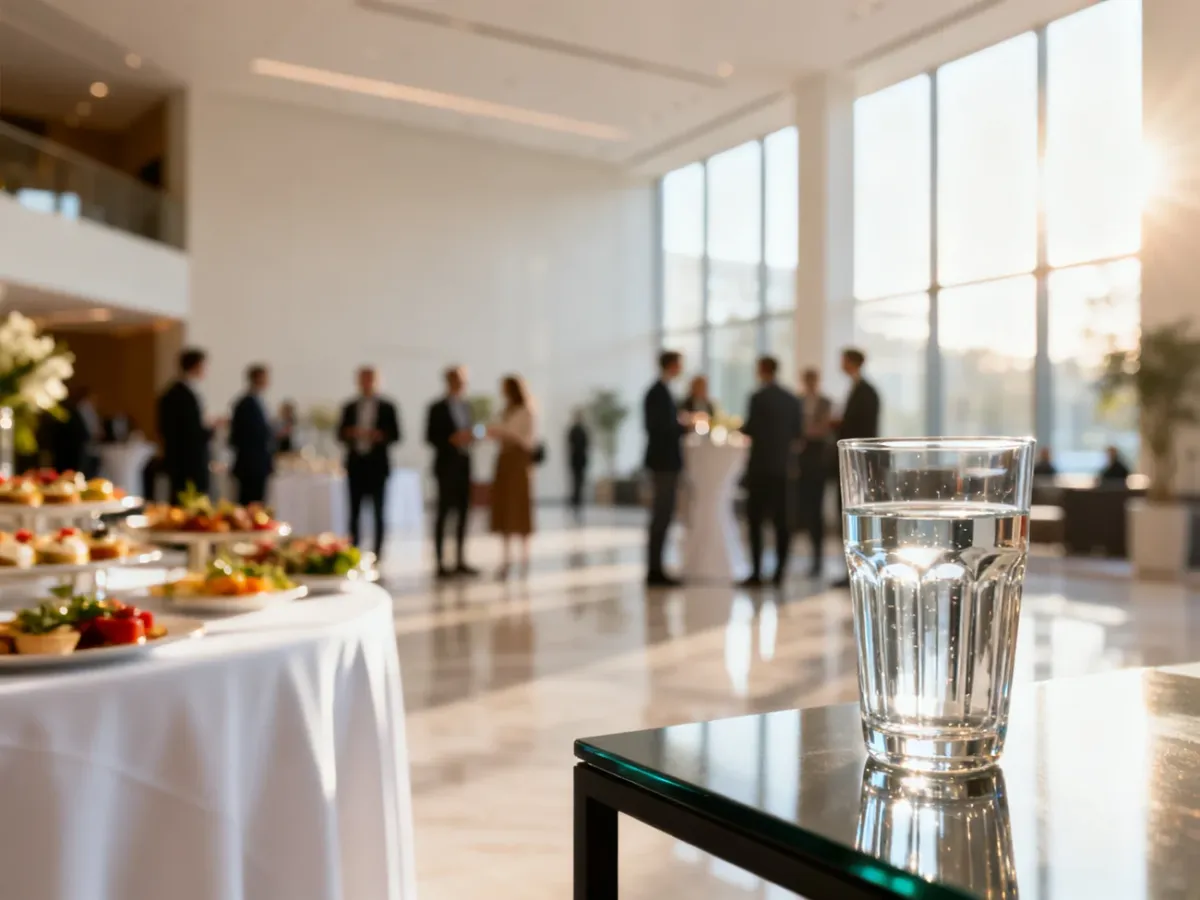 Nowoczesne lobby konferencyjne podczas przerwy networkingowej z cateringiem i jasnym, przyjaznym wnętrzem.